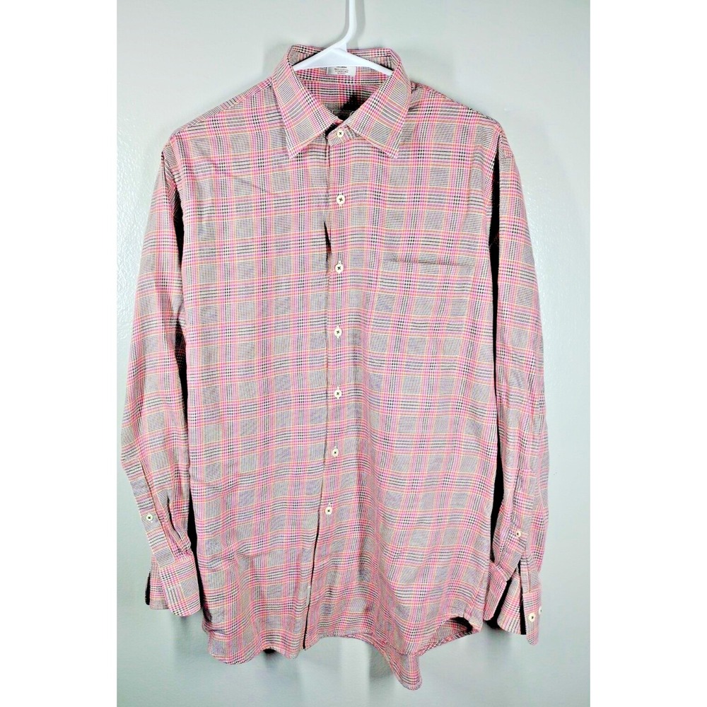 Peter Millar Multicolor Brown Orange Pink Plaid Button Up Cotton Mens Shirt Sz M